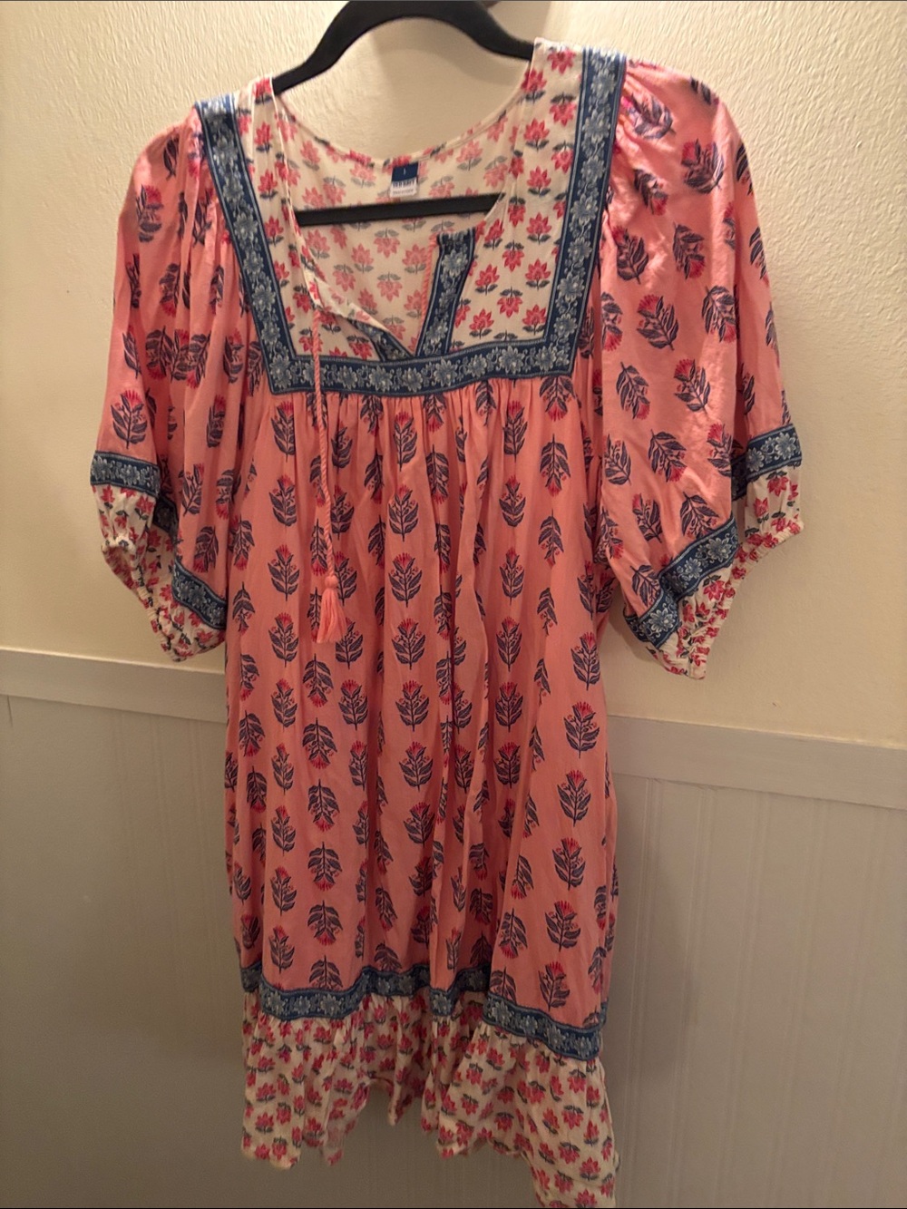 Old Navy Pink Floral Square-Neck Mini Dress with Blue Trim